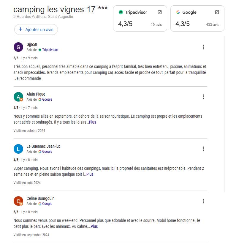 avis client camping les Vignes proche des plages Charentaises